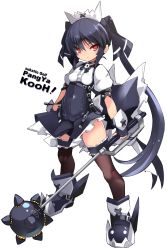 1girl black_gloves black_hair black_ribbon black_shoes black_skirt breasts brown_thighhighs center_frills character_name closed_mouth commentary_request copyright_name fingerless_gloves frills full_body gloves hair_between_eyes hair_ribbon highres holding holding_weapon karukan_(monjya) kooh long_hair pangya puffy_short_sleeves puffy_sleeves red_eyes ribbon shirt shoes short_sleeves skirt small_breasts solo spikes standing thighhighs twintails v-shaped_eyebrows very_long_hair weapon white_shirt
