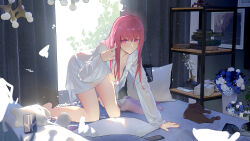 1girl absurdres animal animal_ears barefoot bed black_fur blanket blush book breasts cat cat_ears cat_tail cellphone closed_mouth collarbone collared_shirt comet-c curtains day decorations drawing_(object) fingernails hair_between_eyes hand_up highres honkai:_star_rail honkai_(series) indoors kafka_(honkai:_star_rail) large_breasts leaf long_hair long_sleeves looking_at_viewer lying nail_polish on_back open_clothes open_shirt pet petals phone pillow pink_hair pink_nails purple_eyes shadow shirt sidelocks sky smartphone smile sunlight tail tree wall white_shirt white_sky wide_sleeves window