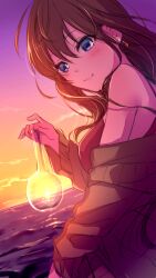 Rule 34 | 1girl, blue eyes, blush, highres, ichinose shiki, idolmaster, idolmaster cinderella girls, idolmaster cinderella girls starlight stage, long hair, looking at viewer, ocean, off shoulder, red hair, shiyu (hagiwara shiyu), solo, twilight