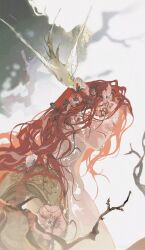1girl bird branch closed_eyes cracked_skin elden_ring flower flower_in_eye from_side hair_flower hair_ornament highres malenia_blade_of_miquella one_eye_covered red_flower solo symbol_in_eye wanseyouzhi53531 white_background