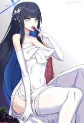 Rule 34 | 1girl, absurdres, bare shoulders, black hair, blue archive, blue eyes, blue hair, blue halo, breasts, choker, cleavage, collarbone, colored inner hair, dress, eating, elbow gloves, food, fruit, gloves, grapes, halo, highres, large breasts, long hair, looking at viewer, multicolored hair, official alternate costume, open mouth, saori (blue archive), saori (dress) (blue archive), sitting, solo, strapless, strapless dress, thighhighs, threeboon, tongue, white choker, white dress, white gloves, white thighhighs