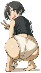 Rule 34 | 1futa, artist name, ass, black hair, blush, breasts, bulge, butterfly earrings, earrings, erection, erection under clothes, from behind, full body, futanari, geso smith, green eyes, hair between eyes, highres, jewelry, looking at viewer, looking back, medium breasts, nail polish, open mouth, original, panties, shadow, short hair, simple background, smile, solo, squatting, testicles, toenail polish, toenails, underwear, v, white background, white panties