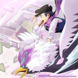 Rule 34 | 1boy, black hair, building, commentary, day, english commentary, falling petals, floating scarf, flying, grey eyes, hand on headwear, hat, highres, hisuian braviary, male focus, mouth hold, nintendo, official alternate costume, official art, outdoors, petals, pokemon, pokemon (creature), pokemon masters ex, purple scarf, rei (academy) (pokemon), rei (pokemon), riding, riding pokemon, scarf, shirt, short hair, sleeves rolled up, vest, white shirt