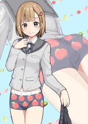 1girl absurdres apple_hair_ornament apple_print ass black_panties blue_background blunt_ends blush boyshort_panties breasts brown_eyes brown_hair buttons closed_mouth collared_shirt commentary_request commission cowboy_shot crotch_seam dress_shirt embarrassed food-themed_hair_ornament food_print fruit_background fruit_print grey_jacket grey_ribbon grey_sailor_collar grey_skirt hair_ornament hand_up highres holding holding_unworn_clothes holding_unworn_skirt jacket large_variant_set long_sleeves looking_at_viewer medium_hair multiple_views neck_ribbon negimiso1989 no_pants original panties pixiv_commission pleated_skirt print_panties raised_inner_eyebrows ribbon sailor_collar school_uniform serafuku shirt skirt small_breasts standing underwear unworn_skirt variant_set white_shirt zoom_layer