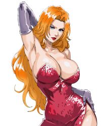 1girl alternate_hair_color arm_behind_head armpit_crease armpits bare_shoulders bleach blue_eyes breasts collarbone cosplay dress elbow_gloves eyeshadow female_focus gloves hand_on_own_hip highres jessica_rabbit jessica_rabbit_(cosplay) large_breasts looking_at_viewer lorna12155671 makeup matsumoto_rangiku mole mole_under_mouth orange_hair red_dress simple_background strapless strapless_dress white_background who_framed_roger_rabbit