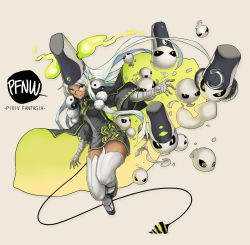 Rule 34 | 1girl, arm wrap, black footwear, breasts, copyright name, dark-skinned female, dark skin, full body, glasses, hat, highres, long hair, onmyouji, pixiv fantasia, pixiv fantasia new world, pointy ears, pom pom (clothes), red-framed eyewear, small breasts, tate eboshi, thighhighs, white hair, white thighhighs, wide sleeves, xiao (ye yiaoxi), yin yang