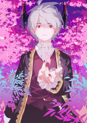 Rule 34 | 1boy, absurdres, ajpp6, black horns, black jacket, black pants, cherry blossoms, commentary request, cowboy shot, demon boy, dragon quest, dragon quest x, falling petals, fingernails, gradient background, gradient nails, highres, horns, jacket, leaf, long fingernails, looking down, male focus, official alternate design, pants, parted lips, partial commentary, petals, pink background, pink petals, purple background, purple vest, red eyes, red nails, risoru (dq10), shirt, short hair, solo, vest, white hair, white nails, white shirt, yellow trim