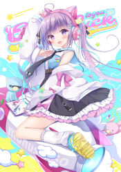 1girl ahoge animal_ear_headphones animal_ears arm_up bare_shoulders bear_hair_ornament black_necktie black_skirt blue_background blue_footwear blue_sailor_collar blue_shirt blush bow cat_ear_headphones commentary_request drawing_tablet fake_animal_ears frilled_skirt frills hair_ornament hairclip headphones heart heart_hair_ornament highres jacket long_hair long_sleeves loose_socks necktie off_shoulder open_clothes open_jacket open_mouth original picpicgram pink_bow puffy_long_sleeves puffy_sleeves purple_eyes purple_hair rocket sailor_collar shirt shoe_soles skirt sleeveless sleeveless_shirt sleeves_past_wrists socks solo star_(symbol) stuffed_animal stuffed_toy teddy_bear text_background twintails two-tone_background very_long_hair white_background white_jacket white_socks x_hair_ornament