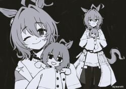 1girl agnes_tachyon_(umamusume) ahoge animal_ears artist_name commentary english_commentary feet_out_of_frame greyscale head_tilt horse_ears horse_tail lab_coat looking_at_viewer monochrome multiple_views open_mouth renkkai short_hair sleeves_past_fingers sleeves_past_wrists smile sweater tail test_tube umamusume upper_body