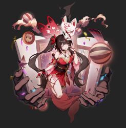 1girl absurdres arihara_nene bare_shoulders bell black_hair black_sash blunt_bangs breasts cleavage criss-cross_halter cross detached_sleeves dress flower_tattoo fox_mask gun halterneck handgun highres holding holding_gun holding_weapon honkai:_star_rail honkai_(series) japanese_clothes large_breasts long_hair mark_under_both_eyes mask mask_on_head neck_bell obi one_eye_closed red_dress red_eyes revolver sash smile snubnosed_revolver sparkle_(honkai:_star_rail) tachi-e tattoo twintails weapon