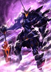 1girl arm_at_side armor black_armor britomart_(fate) britomart_(first_ascension)_(fate) covered_face fate/grand_order fate_(series) feet_out_of_frame full_armor game_cg hand_on_hilt hand_up legs_apart matsuryuu official_art purple_background solo standing sword third-party_source weapon