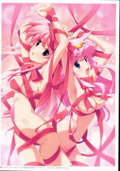 2000s_(style) 2010 2girls absurdres antenna_hair armpits arms_up bdsm blurry blurry_background blush bokeh bondage bound bound_arms bound_breasts bound_legs bound_together bound_wrists bow bowtie breasts chaos;head convenient_censoring dated depth_of_field embarrassed excited floating_hair from_side gold_hairband groin groin_tendon hair_between_eyes hair_ornament hairband head_tilt highres holding_hands light_particles long_hair looking_at_viewer matsuo_yukihiro medium_breasts multiple_girls naked_ribbon narrow_waist navel necktie non-web_source official_art open_mouth pink_background pink_eyes pink_hair purple_eyes red_lips red_ribbon restrained ribbon ribbon_bondage sakihata_rimi scan seira_orgel small_breasts stomach teeth tongue upper_teeth_only wrapped_up