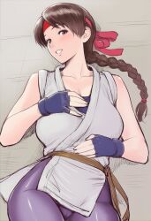 Rule 34 | 1girl, braid, braided ponytail, breasts, brown eyes, brown hair, cameltoe, curvy, dougi, female focus, gloves, hairband, huge breasts, jaydamon, jyoutube2025, karate gi, large breasts, leather, leggings, long hair, looking at viewer, pale skin, pants, ponytail, shiny skin, skirt, spandex, the king of fighters, thick thighs, thighs, tight clothes, tight pants, wide hips, yoga pants, yuri sakazaki