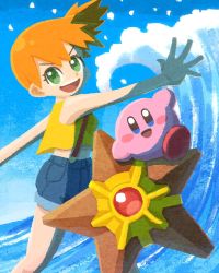 1girl asymmetrical_hair blue_shorts breasts creatures_(company) crossover denim denim_shorts game_freak gen_1_pokemon green_eyes gym_leader highres kirby kirby_(series) miclot midriff misty_(pokemon) nintendo open_mouth orange_hair pokemon pokemon_(anime) pokemon_(classic_anime) ponytail shirt shorts side_ponytail small_breasts smile solo staryu suspenders tank_top teeth water waves yellow_shirt