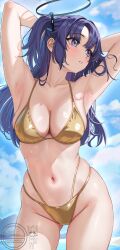 Rule 34 | 1girl, absurdres, armpits, arms behind head, arms up, bikini, blue archive, blue eyes, blue sky, blush, breasts, cleavage, cloud, collarbone, cowboy shot, day, gold bikini, groin, hair ornament, halo, highres, large breasts, long hair, looking to the side, navel, outdoors, parted lips, purple hair, shem kako, skindentation, sky, solo, stomach, swimsuit, thighs, two side up, very long hair, wet, yuuka (blue archive)