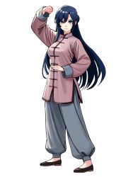 1girl absurdres blue_eyes blue_hair changpao china_dress chinese_clothes dress fighting fighting_stance highres kokoro_no_koibito kung_fu long_hair long_sleeves looking_at_viewer martial_arts monk original self-upload shaolin_monk standing tangzhuang training
