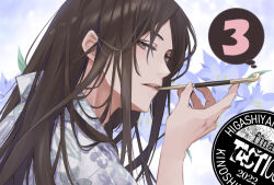 Rule 34 | 1boy, adam&#039;s apple, alternate costume, blue flower, brown hair, countdown, eyelashes, flower, grey eyes, hair behind ear, holding, holding smoking pipe, japanese clothes, kimono, kinoshita sakura, kiseru, looking down, male focus, messy hair, open mouth, pipe in mouth, smoking, smoking pipe, solo, sugino (tactics), tactics, teeth, tongue, upper body, upper teeth only, yukata