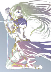 1girl alpha_(kage_no_jitsuryokusha_ni_naritakute!) blonde_hair blue_eyes boots breasts commentary commentary_request elf floating_hair formal_clothes gloves highres holding holding_sword holding_weapon kage_no_jitsuryokusha_ni_naritakute! knee_boots long_hair looking_back medium_breasts nakanishi_kazuya pointy_ears simple_background suit sword thigh_strap weapon white_gloves white_suit