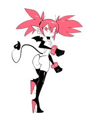1girl angry ass bat_wings black_boots black_gloves blush boots bracelet choker demon_girl demon_tail demon_wings disgaea earrings elbow_gloves etna_(disgaea) female_focus flat_chest frown full_body g-string gloves gluteal_fold herny high_heel_boots high_heels jewelry limited_palette looking_at_viewer looking_back matching_hair/eyes nipples pointy_ears red_eyes red_hair red_theme ring simple_background skull_earrings slit_pupils solo spiked_bracelet spikes tail thigh_boots thighhighs thong topless_female twintails underwear white_background wings