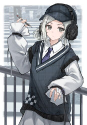 1girl absurdres against_railing alternate_costume baseball_cap black_hat black_vest blue_necktie border closed_mouth collared_shirt crosswalk fading_border grey_eyes grey_hair grey_skirt hair_bun hand_up hat headphones highres holding holding_pencil long_sleeves looking_at_viewer necktie outside_border pencil puffy_long_sleeves puffy_sleeves railing reverse:1999 shirt short_hair single_side_bun skirt sleeves_past_wrists solo upper_body vertin_(reverse:1999) vest white_shirt yukiri_(l_ii)