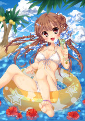 1girl anklet bad_anatomy bad_feet barefoot bikini blush bracelet braid brown_hair cameltoe cloud day double_bun fang feet female_focus flower front-tie_top fujikura_ryuune hair_bun hibiscus innertube jewelry long_hair looking_at_viewer open_mouth original red_eyes shiny_skin side-tie_bikini_bottom sky smile soles solo swim_ring swimsuit toes twin_braids twintails water water_gun wet white_bikini