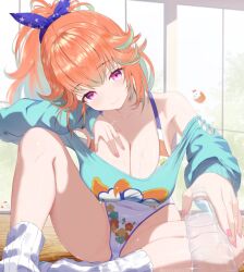 1980s_fashion 1girl bare_legs bottle breasts cleavage cropped_sweater high_ponytail holding holding_bottle hololive hololive_english kei_(keiillustrator) kfp_employee_(takanashi_kiara) large_breasts leotard looking_at_viewer official_alternate_costume official_alternate_hairstyle orange_hair ponytail purple_eyes sitting socks solo takanashi_kiara takanashi_kiara_(fever_night) virtual_youtuber water_bottle white_leotard white_socks
