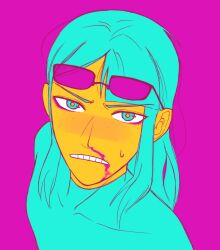 Rule 34 | 1girl, 2021, blood, blood on face, brown hair, davriann, eizouken ni wa te wo dasu na!, glasses, highres, kanamori sayaka, long hair, nosebleed, solo, sweat, teeth, twitter