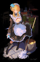 1girl absurdres alternate_costume apron bag black_background black_bow black_bowtie blonde_hair bottle bow bowtie bread breasts brick_floor cleavage cleavage_cutout closed_mouth clothing_cutout commentary_request enmaided food full_body genshin_impact highres holding indoors juliet_sleeves kayakooooo long_sleeves looking_at_viewer lumine_(genshin_impact) maid maid_apron maid_headdress medium_hair mop plant primogem puffy_sleeves sidelocks signature solo standing white_apron