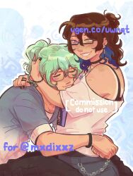 1boy 1girl 8wnqt :d arm_around_neck arms_around_waist arms_on_head bead_necklace beads between_legs black_nails blue_shirt blush bra_strap brown_hair colored_tips commissioner_insert cove_holden double-parted_bangs glasses green_hair grin hair_between_eyes hetero heterochromia high_ponytail highres hug jewelry main_character_(our_life) multicolored_hair multiple_rings necklace off-shoulder_shirt off_shoulder open_mouth our_life our_life:_beginnings_and_always ponytail purple_eyes ring shirt short_hair smile wallet_chain white_shirt yellow_eyes