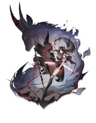 Rule 34 | 1girl, absurdres, arknights, bare shoulders, black boots, black dress, black hair, black horns, black sleeves, boots, chinese commentary, commentary request, detached sleeves, diffraction spikes, dress, floating hair, full body, highres, holding, holding sword, holding weapon, horns, ines (arknights), knee boots, leg up, long sleeves, looking at viewer, magic, red horns, short dress, solo, standing, standing on one leg, string, suimenjuu no mushi, sword, thread, weapon, yellow eyes