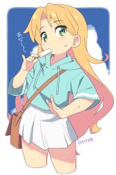 1girl bag blonde_hair blue_hoodie brown_bag cropped_legs drawstring eating food food_in_mouth green_eyes hiro_hiroki holding holding_food holding_popsicle hood hood_down hoodie long_hair looking_at_viewer messenger_bag parted_bangs popsicle ruri_no_houseki shoulder_bag skirt solo sweat tanigawa_ruri three-quarter_sleeves very_long_hair white_skirt