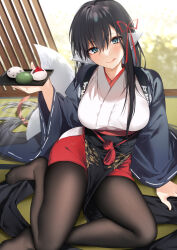 1girl :q animal_ears arm_support black_pantyhose blue_eyes blue_haori breasts character_request commentary_request danimaru feet fine_fabric_emphasis hair_between_eyes hair_ribbon haori head_tilt highres holding holding_tray japanese_clothes large_breasts licking_lips long_hair looking_at_viewer obi obijime pantyhose red_ribbon ribbon sash sitting smile solo tail tongue tongue_out tray utawarerumono utawarerumono:_lost_flag