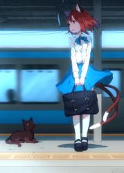 1girl :o alternate_costume animal animal_ears animated animated_gif bag brown_hair cat cat_ears cat_tail chen contemporary dress_shirt female_focus hair_ornament hairclip junwool kneehighs looking_away lowres mary_janes multiple_tails nekomata red_eyes shirt shoes short_hair sketch skirt socks solo tactile_paving tail touhou train train_station v_arms white_socks wind