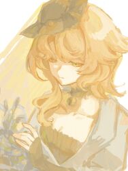 Rule 34 | 1girl, 6e6u, acorn pendant, blonde hair, breasts, cleavage, druvis iii, fascinator, green eyes, half-closed eyes, hand up, highres, looking down, mistletoe, reverse:1999, short hair, solo, upper body, white background, yellow theme