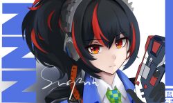 Rule 34 | 1girl, artist name, black hair, blue jacket, closed mouth, eyebrows hidden by hair, green necktie, grey hairband, gun, hairband, handgun, high ponytail, highres, holding, holding gun, holding weapon, jacket, long hair, looking at viewer, multicolored eyes, multicolored hair, necktie, orange eyes, police, police uniform, policewoman, ponytail, red eyes, red hair, signature, smile, solo, standing, streaked hair, susprin, weapon, white background, zenless zone zero, zhu yuan