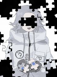 1boy aotsuki_eito black_gloves disassembly gloves grey_hair greyscale grin high_collar highres holding_eye holding_puzzle_piece hood hood_down hooded_jacket hoodie jacket long_sleeves male_focus monochrome naaau_(wwjlsybs) puzzle puzzle_piece short_hair smile solo spot_color symbolism the_hundred_line_-last_defense_academy- white_hoodie white_jacket