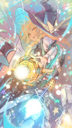 1girl apron arm_belt black_hat black_skirt black_thighhighs black_vest blonde_hair bow braid broom broom_riding clenched_teeth colorful cyasha from_side hat hat_bow highres holding holding_broom holding_weapon kirisame_marisa light_blush light_particles long_hair long_sleeves looking_at_viewer machinery mini-hakkero puffy_long_sleeves puffy_sleeves rocket science_fiction shirt single_braid skirt smirk solo star_(symbol) teeth thighhighs touhou vest waist_apron weapon white_apron white_shirt witch_hat yellow_bow yellow_eyes yin_yang