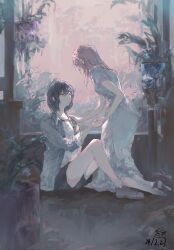 2girls annoyed barefoot black_hair black_shorts brown_hair brown_shoes commentary dress grey_jacket highres holding_hands jacket long_hair luluandpaba multiple_girls naoi_(zenbu_kowashite_jigoku_de_aishite) open_clothes open_jacket parted_lips purple_eyes shirt shoes short_hair short_sleeves shorts sidelocks socks symbol-only_commentary white_dress white_shirt white_socks yoshizawa_kurumi yuri zenbu_kowashite_jigoku_de_aishite
