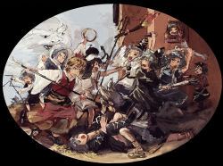 &gt;_&lt; 6+girls amibazh amputee animal_ears battle black_hair blue_hair commentary dress english_commentary fire grey_hair hair_ornament hair_rings hair_stick hands_on_another&#039;s_neck hat hijiri_byakuren holding holding_weapon houjuu_nue jiangshi kaku_seiga komano_aunn kumoi_ichirin long_hair long_sleeves looking_at_another lying miyako_yoshika mononobe_no_futo mouse_ears multiple_girls murasa_minamitsu nazrin o_o on_back outstretched_arms polearm purple_hair shirt short_hair sketch skirt soga_no_tojiko spear standing strangling tatara_kogasa tate_eboshi toramaru_shou torch touhou toyosatomimi_no_miko trident unzan weapon wide_sleeves zombie_pose