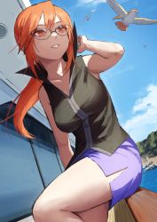 1girl bare_arms black-framed_eyewear black_shirt breasts cleavage cloud commentary_request day eyelashes fagi_(kakikaki) gen_1_pokemon glasses long_hair lorelei_(pokemon) nintendo orange_eyes orange_hair outdoors pencil_skirt pidgeot pokemon pokemon_(creature) pokemon_frlg ponytail shirt sidelocks sitting skirt sky sleeveless sleeveless_shirt smile