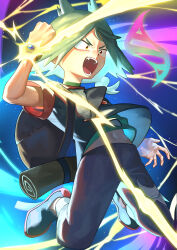 1boy absurdres anipoke_uruto backpack bag black_jacket bracelet brown_eyes clothes_lift commentary_request green_hair green_shirt hand_up highres jacket jewelry male_focus navel nintendo open_mouth pants pokemon pokemon_(anime) pokemon_horizons shirt shirt_lift shoes short_sleeves solo teeth tongue ult_(pokemon)