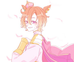 Rule 34 | 1girl, absurdres, animal ears, brown hair, cape, crown, feathers, from side, hair between eyes, hand up, highres, horse ears, jacket, long sleeves, looking at viewer, looking to the side, mini crown, pink cape, pink feathers, puffy long sleeves, puffy sleeves, purple eyes, seila rei, short hair, simple background, solo, t.m. opera o (umamusume), tilted headwear, umamusume, white background, white jacket