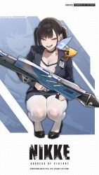 Rule 34 | 1girl, belt, belt collar, black belt, black hair, blue skirt, breasts, brown eyes, cleavage, collar, commentary, ear piercing, english commentary, goddess of victory: nikke, gun, highres, holding, holding gun, holding rocket launcher, holding weapon, jewelry, large breasts, life vest, long hair, long sleeves, looking at viewer, multiple rings, name tag, official art, open mouth, piercing, ring, rocket launcher, shirt, skirt, smile, solo, sora (nikke), squatting, teeth, tongue, twintails, weapon, white shirt
