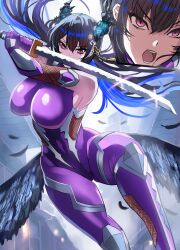 Rule 34 | 1girl, absurdres, asymmetrical horns, bare shoulders, black hair, blue hair, bodystocking, bodysuit, breasts, colored inner hair, cosplay, covered navel, crystal horns, demon horns, elbow gloves, feathered wings, fishnet bodystocking, fishnet cutout, fishnets, flower, gloves, highres, holding, holding sword, holding weapon, hololive, hololive english, horn flower, horns, igawa asagi, igawa asagi (cosplay), impossible bodysuit, impossible clothes, katana, kurenai kenta, large breasts, long hair, looking at viewer, mole, mole under eye, multicolored hair, nerissa ravencroft, ninja, purple bodysuit, red eyes, shiny clothes, skin tight, solo, spread legs, sword, taimanin (series), taimanin suit, thighhighs, two-tone hair, uneven horns, very long hair, virtual youtuber, weapon, wings, zoom layer