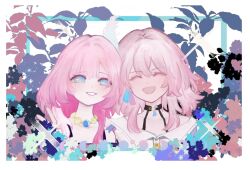 2girls :d ^_^ black_choker blue_eyes bra_strap chinese_commentary choker closed_eyes commentary_request cyrene_(honkai:_star_rail) grin honkai:_star_rail honkai_(series) jewelry looking_at_viewer march_7th_(honkai:_star_rail) multiple_girls necklace open_mouth pink_hair pink_pupils portrait shengliyanshui shirt short_hair smile white_shirt