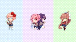 Rule 34 | 4girls, ahoge, back-to-back, black thighhighs, blazer, blue background, blue eyes, blue shoes, blue skirt, blush, bow, box, brown hair, brown sweater vest, chibi, chibi only, chocolate chip cookie, closed mouth, collared shirt, commentary, cookie, doki doki literature club, doki doki literature club plus, doki doki literature club school uniform, dot mouth, dot nose, double-parted bangs, dress shirt, elbow on knee, elbow rest, embarrassed, english commentary, eyebrows hidden by hair, floating hair, flustered, food, from side, full body, furrowed brow, game cg, green background, green eyes, grey jacket, guided hand on cheek, hair bow, hair intakes, hair ribbon, half-closed eyes, head on hand, heart, heart-shaped box, heart background, high ponytail, highres, holding, holding cookie, holding food, holding letter, holding paper, jacket, knee up, kneehighs, legs apart, letter, long eyelashes, long hair, long sidelocks, long sleeves, looking at food, looking at viewer, looking down, miniskirt, monika (doki doki literature club), multiple girls, natsuki (doki doki literature club), neck ribbon, non-web source, official art, official wallpaper, open clothes, open jacket, outline, paper, pink eyes, pink hair, pink shoes, pleated skirt, ponytail, profile, purple background, purple eyes, purple hair, raised eyebrows, raised inner eyebrows, reading, red bow, ribbon, satchely, sayori (doki doki literature club), school uniform, shirt, shoes, short hair, sidelocks, sitting, skirt, smile, socks, standing, standing on one leg, sweater vest, swept bangs, tareme, thick eyelashes, thighhighs, thighs, tongue, tongue out, tsurime, two side up, v-neck, v-shaped eyebrows, valentine, very long hair, wariza, wavy hair, white bow, white outline, white shirt, white socks, yuri (doki doki literature club)