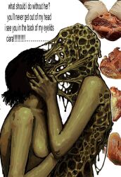 1girl 1other black_hair breasts completely_nude dripping english_text fusion gloves hand_on_another&#039;s_chest hand_on_another&#039;s_face heart_(organ) melting nude original short_hair t0talknockout trypophobia upper_body white_background white_gloves