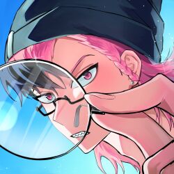 Rule 34 | 1boy, absurdres, black hair, black hat, clenched teeth, danganronpa (series), danganronpa 2: goodbye despair, day, earrings, hat, highres, holding, holding removed eyewear, jewelry, male focus, medium hair, official alternate costume, outdoors, pink hair, portrait, sharp teeth, short hair, soda kazuichi, solo, teeth, umaiumai17, unworn eyewear