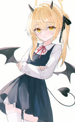 1girl absurdres bat_wings black_dress black_horns black_wings blonde_hair blue_archive collared_shirt commentary crossed_arms demon_horns demon_tail dress highres horns ibuki_(blue_archive) red_ribbon ribbon school_uniform shirt simple_background solo tail thighhighs usagi_(786113654) white_background white_shirt white_thighhighs wings yellow_eyes