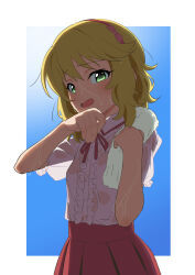 Rule 34 | 1girl, absurdres, blonde hair, center frills, frills, green eyes, highres, idolmaster, idolmaster cinderella girls, idolmaster cinderella girls u149, looking at viewer, open mouth, papiyon1297, sakurai momoka, short hair, skirt, solo, sunlight, sweat, sweaty clothes, towel, wet, wet clothes